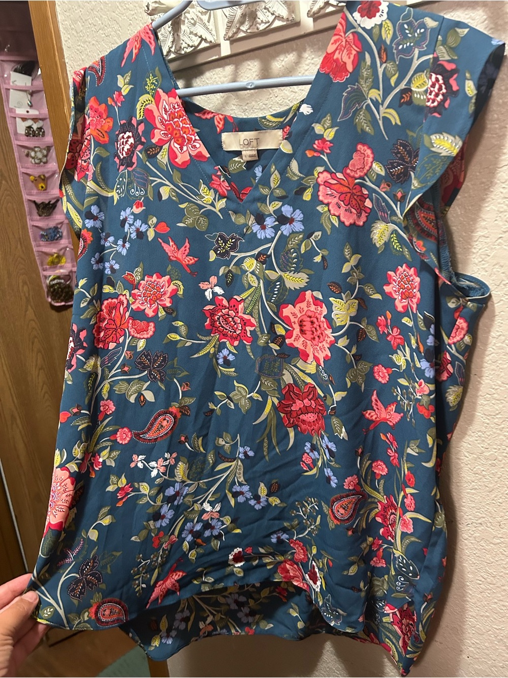 LOFT Teal Floral Cap-Sleeve V-Neck Blouse